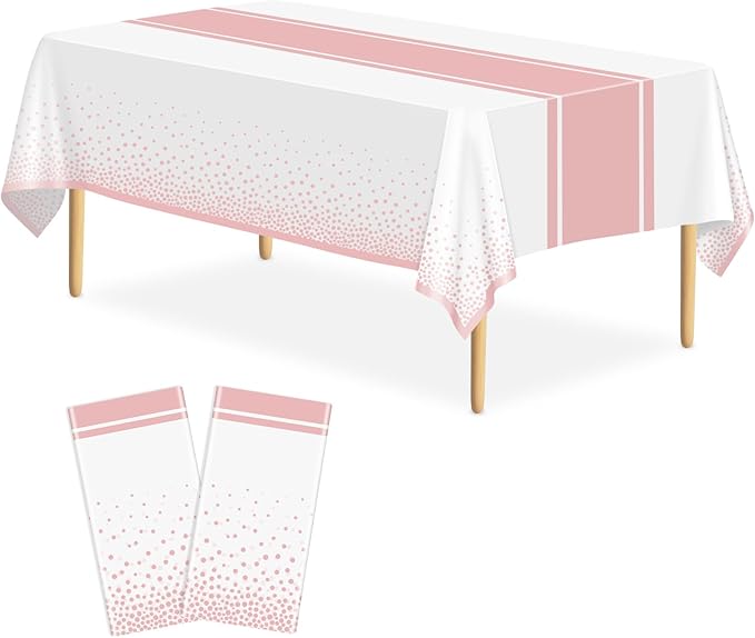 2 Pack White and Rose Gold Tablecloth Party Decorations Plastic White Tablecloth Printed Rose Gold Table Runner 54 x108 Inch Disposable Rectangle Table Cover for Birthday Wedding Graduation