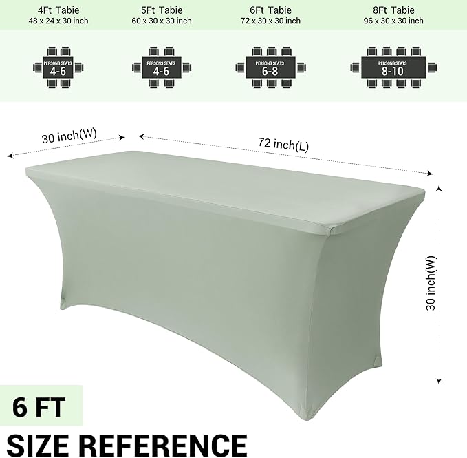 Obstal 2PC Sage Green Tablecloth - 6ft Rectangle Spandex Table Cover for Party, Events, Banquets & Weddings, Machine Washble