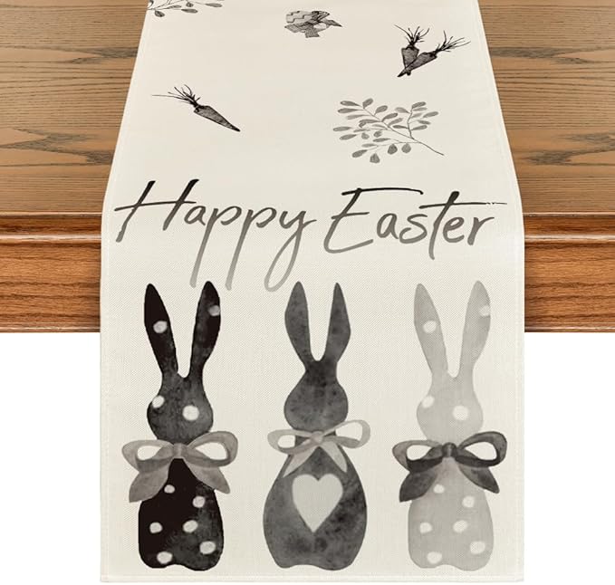 Artoid Mode Black Grey White Rabbit Bunny Happy Easter Table Runner, Spring Seasonal Holiday Kitchen Dining Table Decoration for Home Party Decor 13 x 72 Inch
