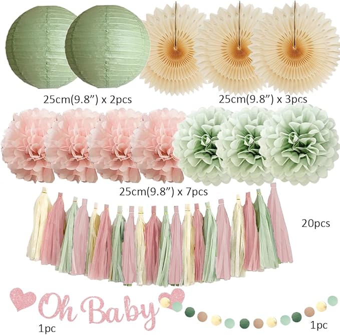 Sage Green and Blush Pink Baby Shower Decorations Oh Baby Shower Decorations for Girl Dusty Rose and Sage Green Beige Boho Pastel Dusty Pink Party Decorations with Cream Tassel Garland