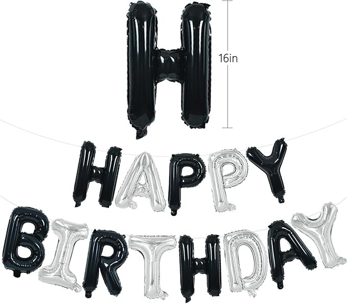 TONIFUL Happy Birthday Balloons Banner with Ribbon Straw, 16 Inch Mylar Letters Birthday Sign Banner Balloon Bunting Reusable for Girls Boys Kids & Adults Birthday Halloween Supplies（Black Silver）