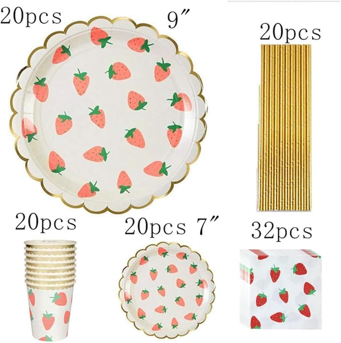 MaitianGuyou Strawberry Theme Party Tableware Set,Baby Shower Dinnerware Decoration Supplies Including Plates,Napkins,Cups and Straws for Fruit Party,Wedding,Birthday - Serve 20 Guests