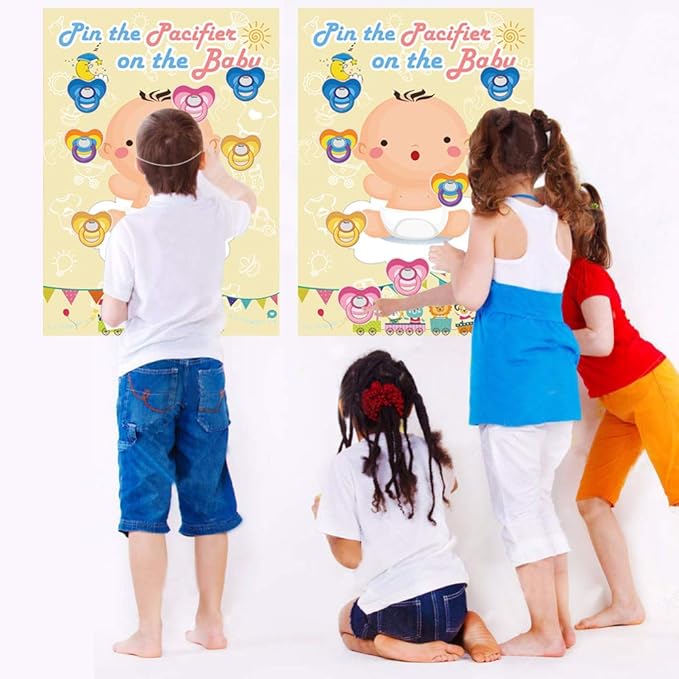 Hxezoc Pin The Pacifier On The Baby Game - Large Poster for Baby Shower Party, Kids Birthday Party Supplies - 72 Pacifier Stickers
