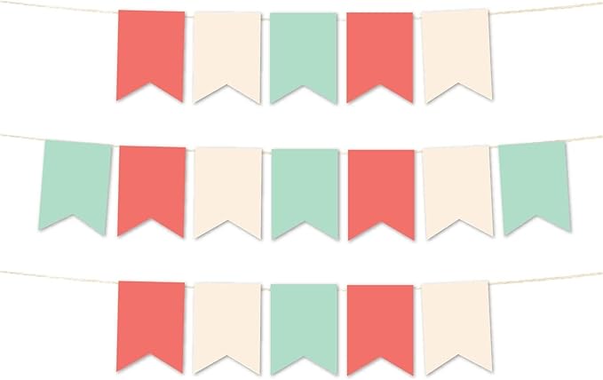 Andaz Press Hanging Pennant Banner with String, Coral, Ivory, Mint, 1-Set, 24 Pennants, Approx. 12-Feet Long