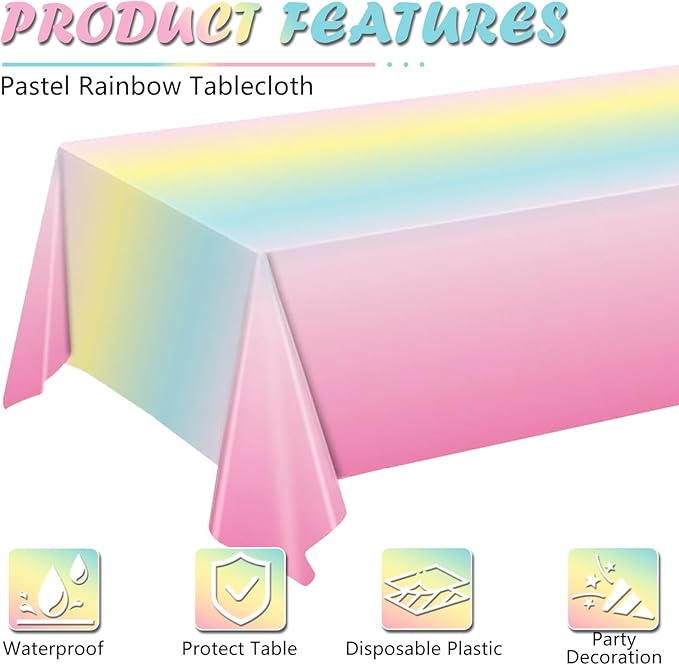 3 Pack Rainbow Tablecloth, Pastel Table Cloths for Parties Rainbow Princess Plastic Table Cloth Birthday Party Colorful Disposable Tablecloth for Pastel Birthday Party Decorations 54x108 Inch