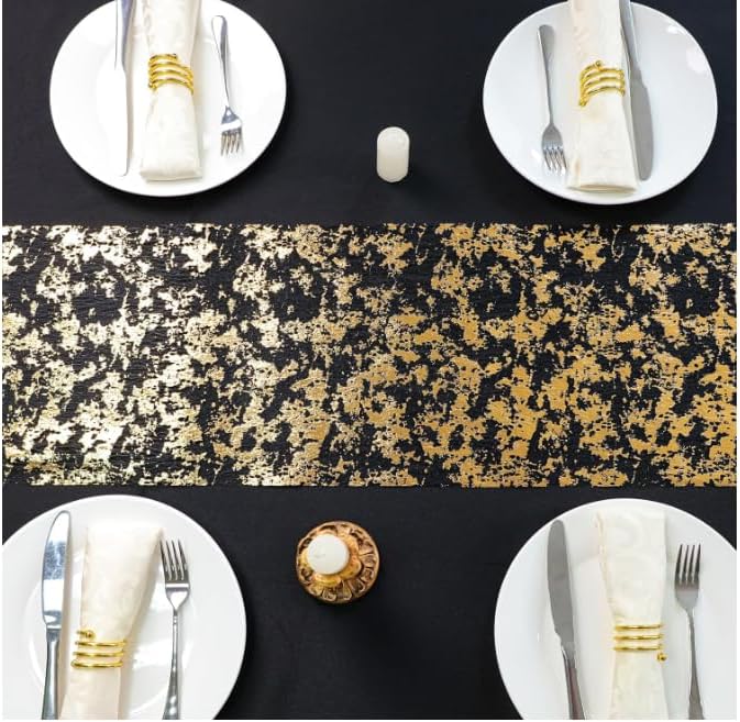 Snowkingdom Black and Gold Table Runner 49 Feet 588 inches Golden Metallic Centerpieces Foil Runners Party Decorations Glitter for Birthday Shower Wedding Retirement Christmas Thanksgiving Graduation