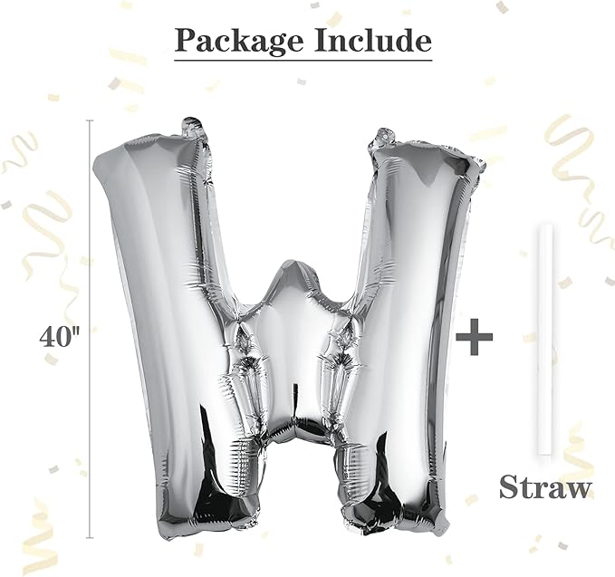 40 inch Silver Letter W Balloon, Big Size Alphabet Foil Mylar Helium Balloons for Birthday Party Celebration Wedding Anniversary Baby Shower Decorations Supplies Alphabet W