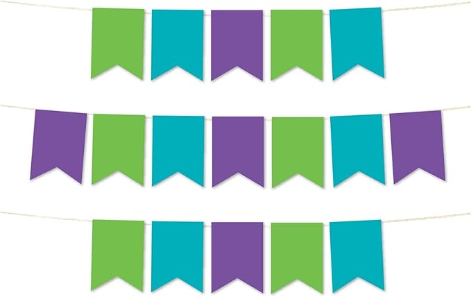 Andaz Press Hanging Pennant Banner with String, Kiwi Green, Turquoise Aqua, Royal Purple, 1-Set, 24 Pennants, Approx. 12-Feet Long, Mermaid Birthday Theme Colored Supplies