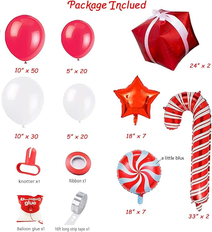 Leesoot Christmas Balloons Arch Decorations 138pcs Red White Balloons for Party Gift Star Candy Cane Balloons Indoor Outdoor Decor Christmas Balloon Garland Arch Kit