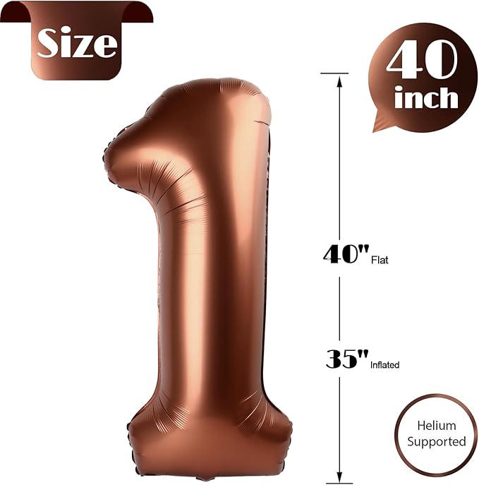 Coffee Brown Number 1 Balloon for First Birthday 40 Inch, 1st One Number Balloons Birthday Decorations for Girl Boy Toddler Baby