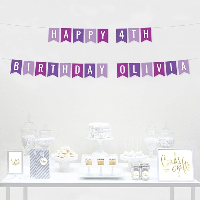 Andaz Press Personalized Hanging Pennant Banner Party Decorations, Lavender, Plum Violet, Royal Purple, Happy 4th Birthday Olivia, 1-Pack, Approx. 5-Feet, Custom Name and Number
