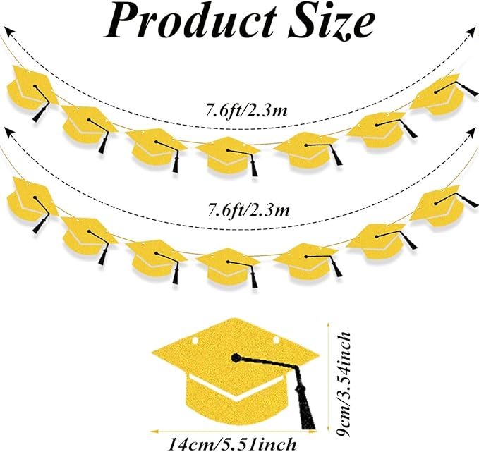 2026 Graduation Hat Banners Garlands Gold Glitter Graduation Party Decoration Banners Graduation Cap Banners Garlands Class of 2026 Graduation Party Banners for College High School