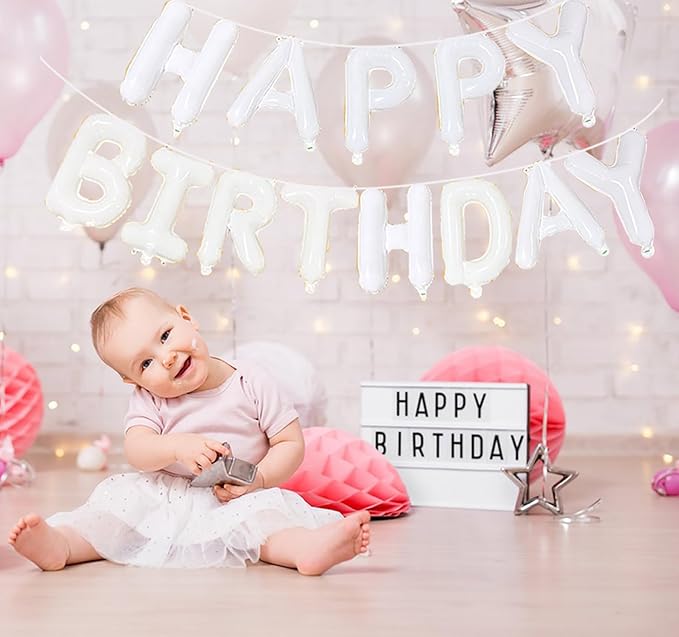 KALOR White Happy Birthday Balloons Banner, 16 Inch Mylar Foil Letters Balloon Sign for Birthday Party Decorations Photo Booth Backdrop