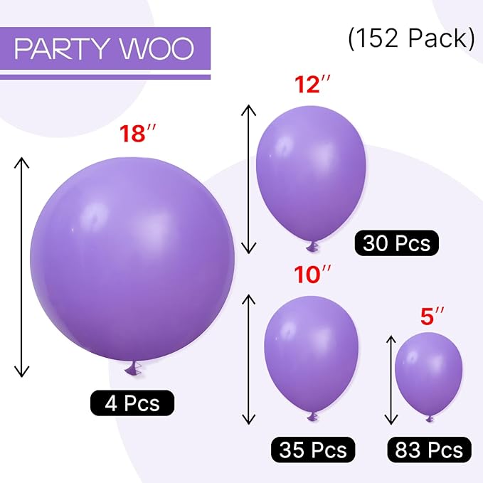 PartyWoo Purple Balloons 152pcs Different Sizes of 18 12 10 5 Inch Purple Balloon Arch Kit Garland for Birthday Engagement Wedding Bachelorette Bridal Shower Butterfly Party Decorations Purple-Y15