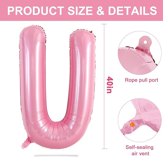 TONIFUL 40 Inch Large Pink Letter U Balloons Giant Foil Mylar Alphabet Balloon for Birthday Party Anniversary Baby Shower Wedding Supplies Decorations