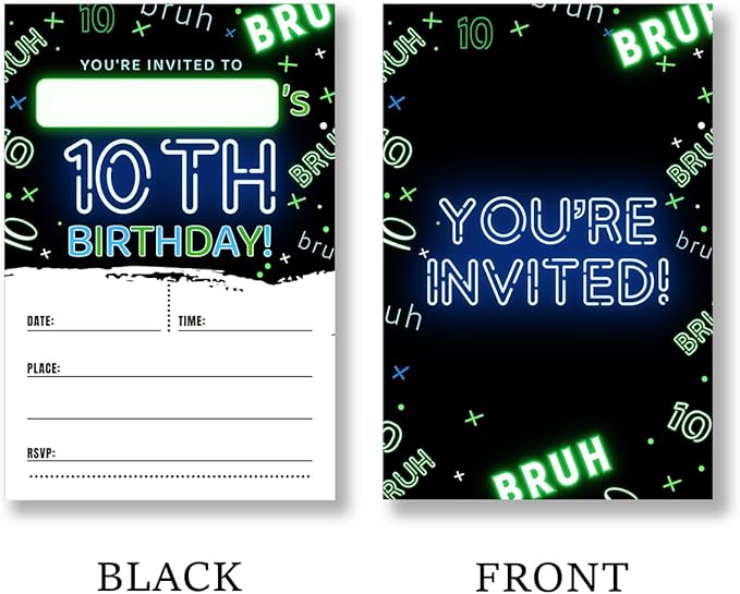 Boy 10Th Birthday Invitation Supplies with Envelopes Set of 20 Bruh You're Invited Birthday Party Invites Fill in Blank, Double Sided
