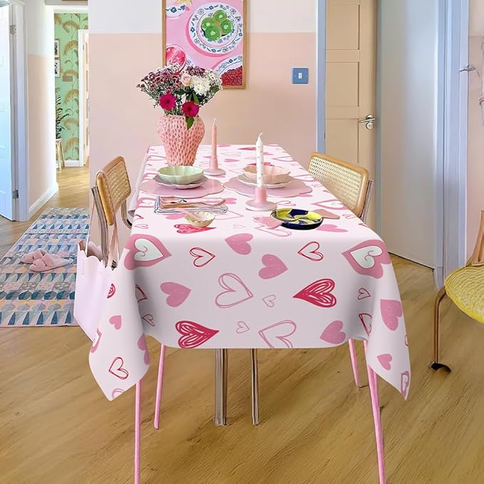 Valentines Tablecloth, 3Pack Valentines Day Tablecloth Decorations, 54x108 Inch Pink Heart Valentine Table Cloth Rectangle Disposable Table Cover for Valentine's Day Anniversary Wedding Party Supplies
