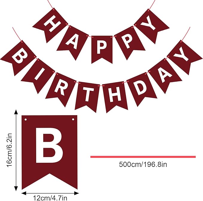 Burgundy Birthday Banner Sign Happy Birthday Bunting Banner Garland for Kids Girl Woman Tea Party Decorations Bunting Flag Party Supplies