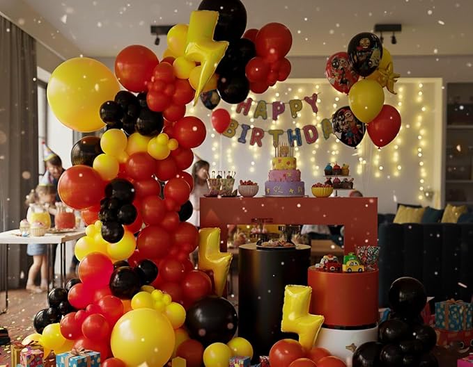 Red Black Yellow Balloons Garland Arch Kit - 143Pcs Lightning Cartoon Birthday Party Balloons Lightning Printed Balloon for Cartoon Theme Birthday Baby Shower Party Backdrop Decorations