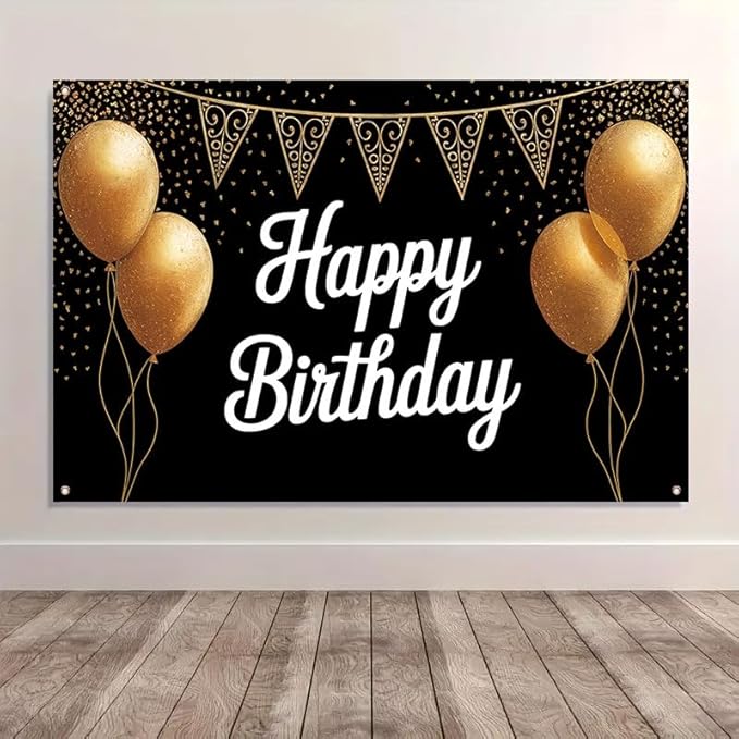 Happy Birthday Porch Banner 71x43 Inch, Large Black and Gold Balloon Backdrop with Confetti and Flags, Birthday Party Decorations for Indoor Outdoor Yard Patio Wall Hanging