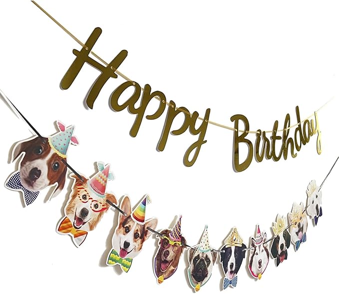 Dog Birthday Garland Funny Happy Birthday Banner Decor Puppy Face Bday Party Bunting Decorations Gold Sign