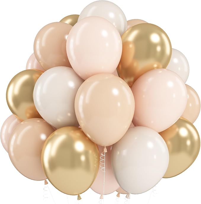 White Sand Gold Balloons Set, 12 Inch Double Stuffed Blush Beige Boho Party Balloons with Metallic Chrome Gold Neutral Cream Nude Latex Balloon for Birthday Baby Bridal Shower Wedding Party Decoration