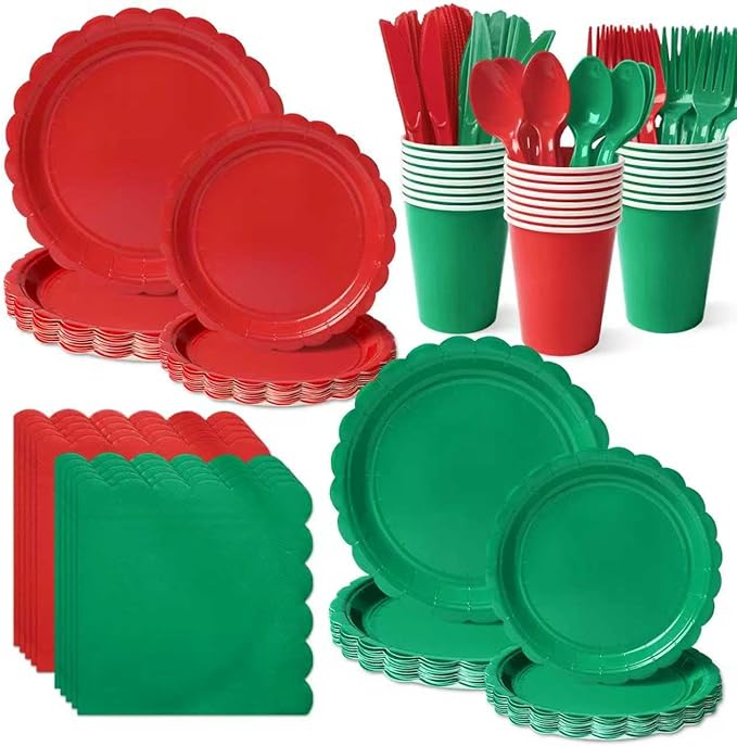 Vyntra 350 Pcs Red and Green Disposable Paper Plates and Napkins Set for 50, 9" Dinner Plates & 7" Dessert Plates, Tableware for Christmas Party, Holiday Dinner