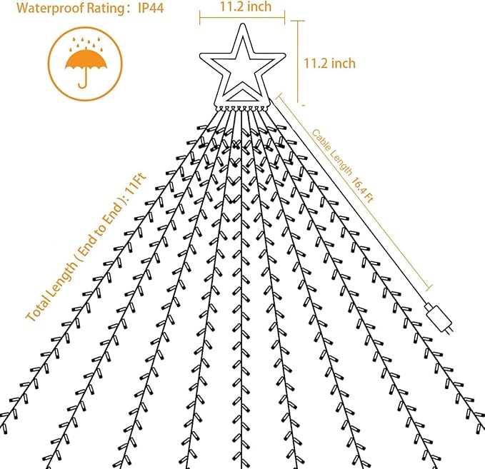 Christmas Decoration Star Lights Outdoor, 320 LED 16.4Ft Christmas Tree Toppers String Lights[8 Modes& Waterproof] for Halloween Xmas New Year Holiday Birthday (Iron-Multicolor)