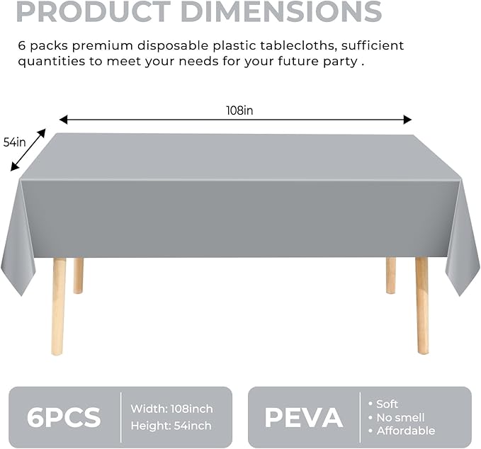 6 Pack Premium Disposable Plastic Tablecloth 54" x 108" Party Table Cloths Disposable for 6 to 8 Foot Tables Indoor or Outdoor Birthdays Weddings Christmas Anniversary Buffet Table (Silver grey)