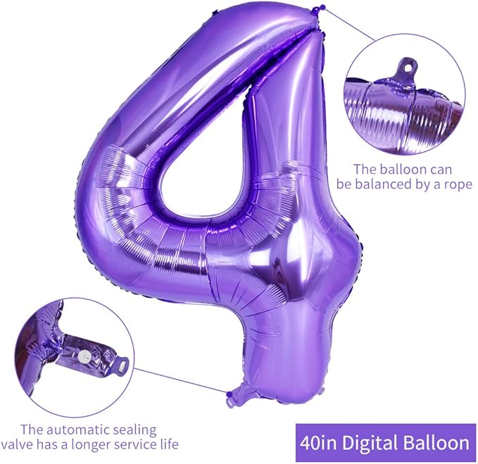 TONIFUL 40 Inch Purple Large Numbers Balloon 0-9 Birthday Party Decor,Foil Mylar Big Number Balloon Digital 4 for Birthday Party,Wedding, Bridal Shower Engagement Photo Shoot, Anniversary