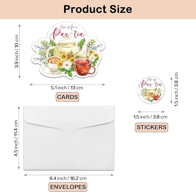 REWIDPARTY 20 Pack Floral Tea Party Invitation Cards with Envelopes & Stickers, Watercolor Floral Shaped Fill-in Invitations Let's Par-Tea Invites Cards Tea Birthday Party Supplies for Kids Adults