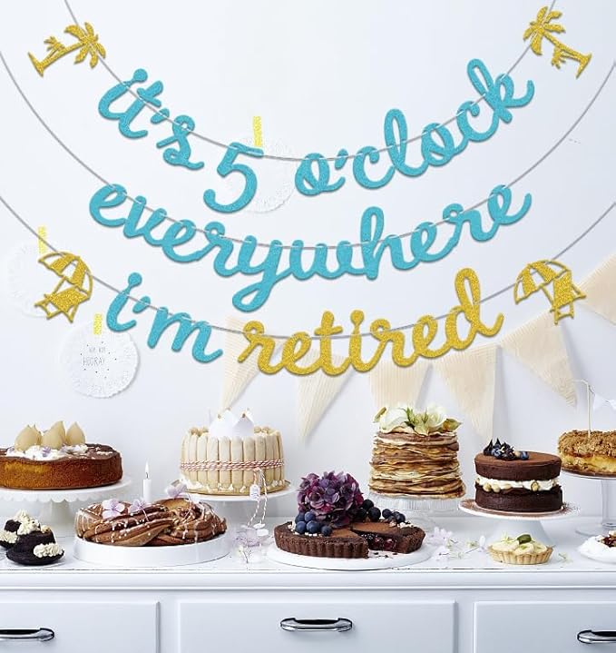 It'S 5 O'Clock Everywhere I'M Retired Banner,Beach Theme Retirement Party Decorations,Luau Summer Going Away Farewell Party Decorations Supplies Gold & Blue