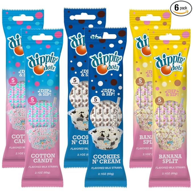 Dippin’ Dots Magically Flavored Milk Straws, Cotton Candy, Cookies 'n Cream, and Banana Split, 6-Pack Party Bundle (30 Count) | Fun Magic Straws for Kids, Drinks & Cereal | | Sweet Party Treats & Favors
