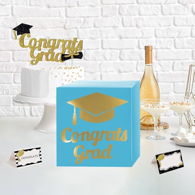 Graduation Card Box Holder, Congrats Grad Foldable Cardboard Decorations Box for Graduation Party Decoration and Grad Parties (Sky Blue)
