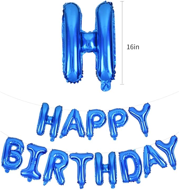 TONIFUL Blue Happy Birthday Balloons 16 Inch Mylar Foil Letters Birthday Sign Banner Balloon Bunting Reusable for Girls Boys Kids & Adults Birthday Decorations and Party Supplies