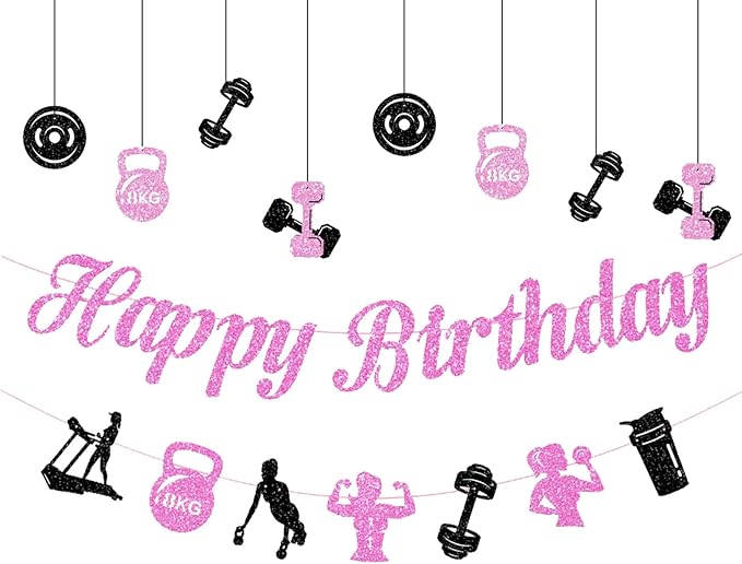 Zwiebeco Black Pink Gym Happy Birthday Banner Bunting Hanging Paper Ornament Garland Party Decoration for Fitness Dumbbells Kettlebells Weightlifting Themed Girls Women Bday Decor Accessories Supplies