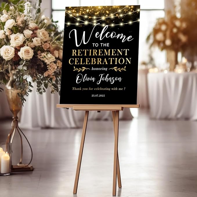 Retirement Celebration Party Welcome Sign, Gold Confetti on and Garland Lights on Black Retirement Celebration Yard Sign, Customizable Name & Date - Multiple Sizes