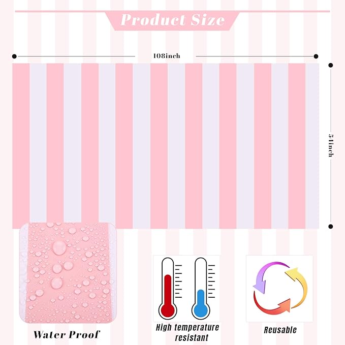 Kesfey 3 Packs Pink and White Horizontal Striped Table Cloth 54 x 108 Inches Pink Stripe Tablecloths Disposable Plastic Stripe Table Covers Waterproof Rectangle Picnic Tablecover for Birthday Party