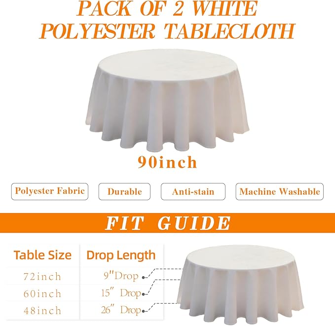 WIGENIUS 2 Pack White Table Cloth Round Tablecloths 90 Inch,Polyester Table Cloth for 5 Foot Round Tables,Wrinkle Resistant Washable Fabric Table Covers for Party,Wedding Banquet