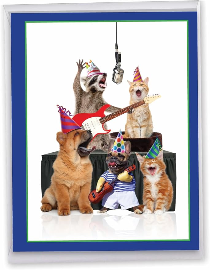 NobleWorks - Hilarious Happy Birthday Card with Envelope (8.5 x 11 Inch) - Funny Animal Greeting Card From All Of Us - Animal Bands - Gang J9508CBDG-US