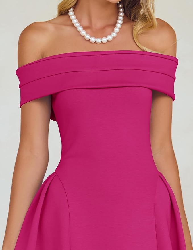 ZESICA Summer 2026 Cocktail Dresses for Women's Off Shoulder Short Sleeve Swing A Line Wedding Evening Party Midi Dress