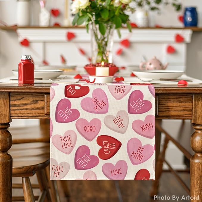 Artoid Mode Pink Ture Love Heart Valentine's Table Runner, Festival Anniversary Kitchen Dining Table Decoration for Home Party Decor 13x60 Inch