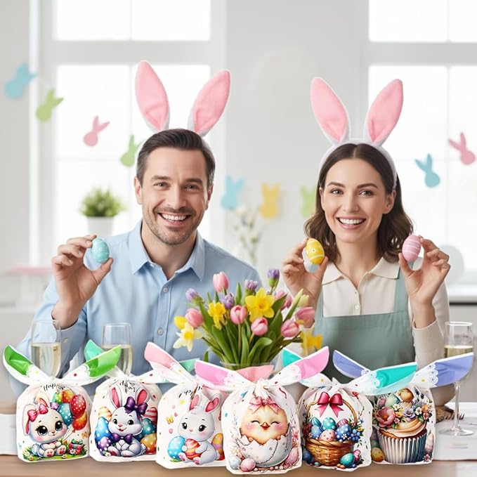 Easter Goodies Bags, Happy Easter Gift Bags, 100 Pcs Cute Bunny Plastic Treat Candy Cookie Snack Goody Reusable Bag for Gifts Wrapping Spring Holiday Easter Party Favor Decorations Supplies 6 Designs