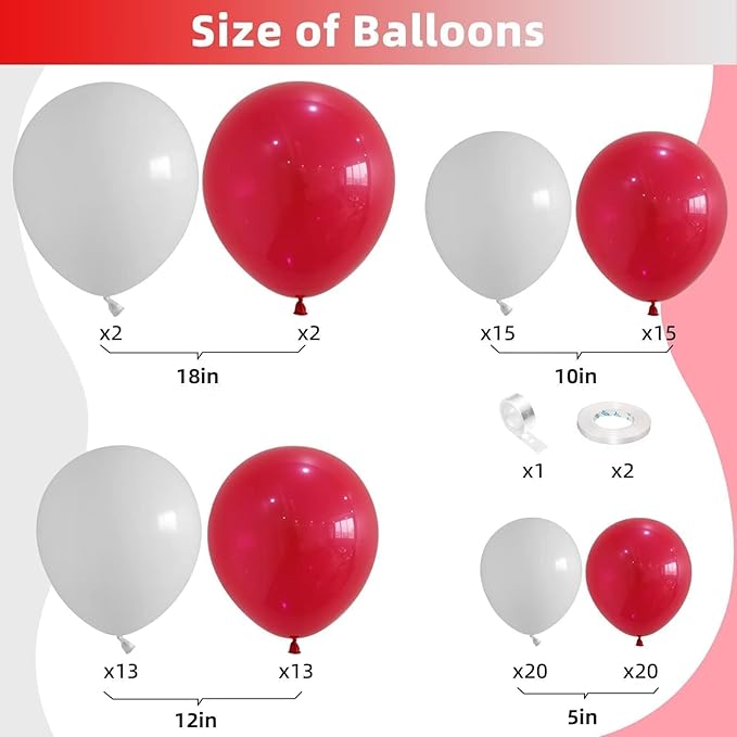Red and White Balloon Arch Kit, Red and White Balloon Garland Kit, Red White Latex Balloons Different Sizes 18/12/10/5 inch for Bridal Shower Engagement Anniversary Bachelorette Party Decorations