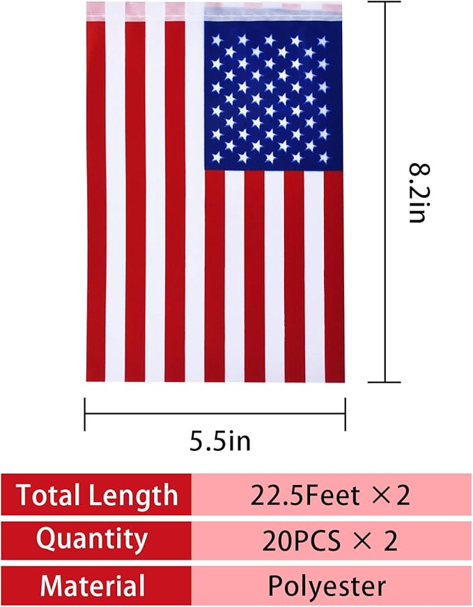 4th of July Patriotic Decorations Outdoor, 45 Feet 40 PCS American Flag String Pennant Banners, Small USA Flags Banner for Independence Day Memorial Day Patriotic, Festival Party Decorations