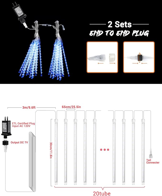 iBaycon 20 Tubes 480 LED Meteor Shower Rain Lights, 11.8 inches Cascading Icicle Lights Waterproof Outdoor, Connectable Falling Raindrop Lights with Timer for Holiday Party Christmas Decorations