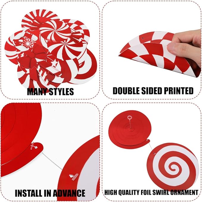 DIYDEC 60pcs Christmas Candy Hanging Swirl Decoration Xmas Candy Ceiling Hanging Streamers Christmas Red White Peppermint Candy Cutouts Ornaments for Christmas Holiday Party Classroom Home Decor
