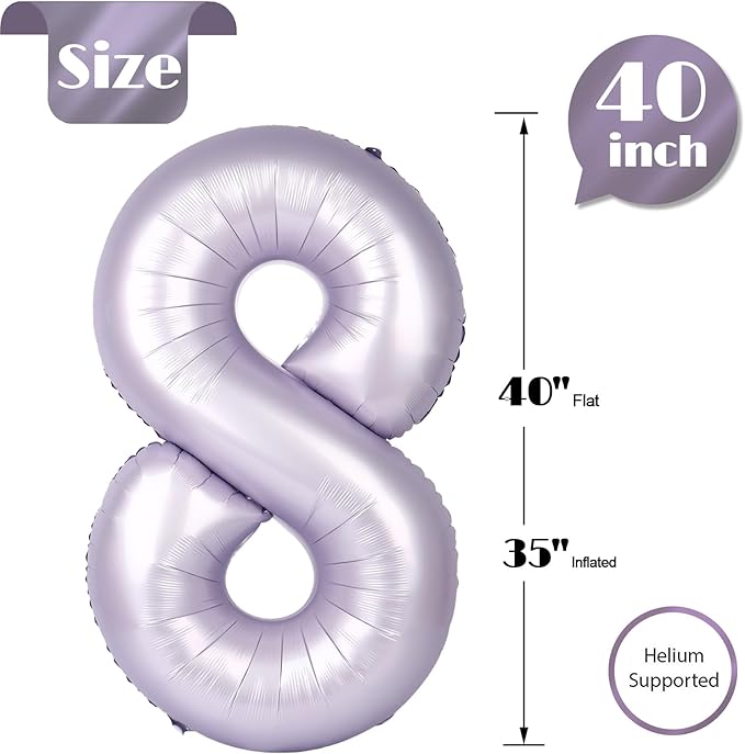 Lilac 8 Balloon, Number Balloons 40 Inch, 8th Birthday Decorations for Girls, Lavender Birthday Balloons, Lavender Party Supplies, Number 8 Balloon