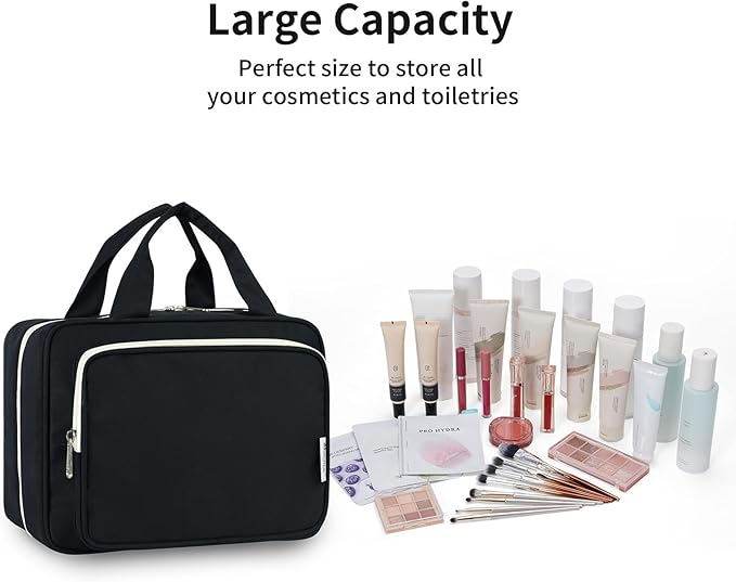 Narwey Travel Toiletry Bag for Women Large Hanging Makeup Bag Organizer Toiletries Bag for Full Size Essentials Accessories Cosmetics (Black (Large))