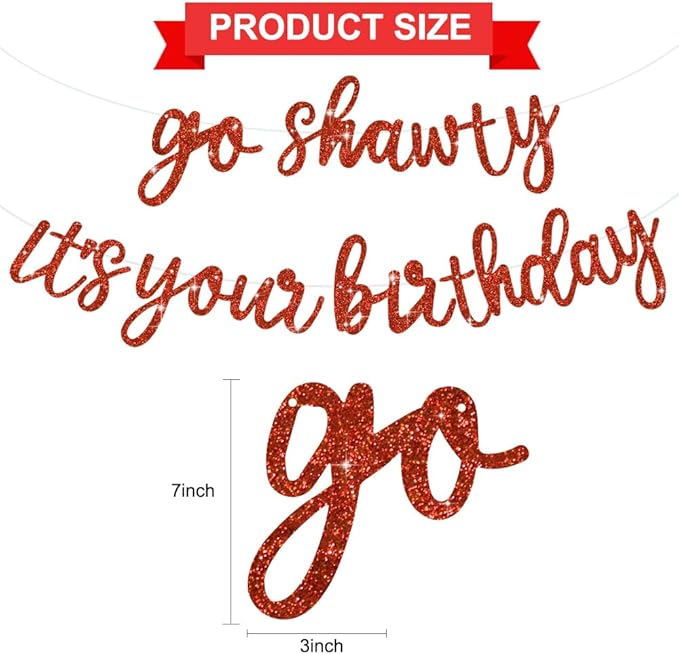 BEISHIDA Go Shawty It's Your Birthday Banner NO DIY Hip Hop Theme Happy Birthday Banner Pre-Strung Rap Theme Happy Birthday Sign for Man Women birthday Party Supply Glitter Red
